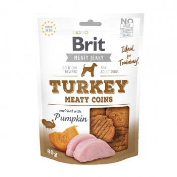 BRIT Jerky Turkey Meaty Coins, recompense cÃ¢ini, Rondele carne Curcan, 80g