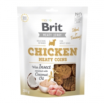 BRIT Jerky Chicken with Insect Meaty Coins, recompense cÃ¢ini, Rondele carne Pui cu Insecte, 200g
