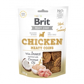 BRIT Jerky Chicken with Insect Meaty Coins, recompense cÃ¢ini, Rondele carne Pui cu Insecte, 80g