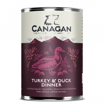 CANAGAN Turkey&Duck Dinner, XS-XL, Curcan și Rață, conservă hrană umedă fără cereale câini junior & adult, (în supă), 400g (în