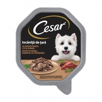 CESAR Tocăniță de țară, Curcan, Vită și Ierburi, taviță hrană umedă câini, (în suc propriu), 150g (în imagine 2022