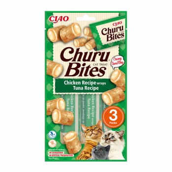 INABA CIAO Churu Bites, Pui și Ton, recompense fără cereale pisici, pernute umplute, 10g x 3 10g