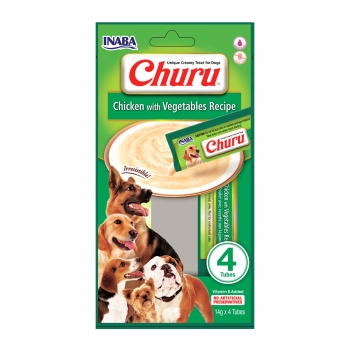 INABA Churu Dog, Pui Cu Legume, Recompense Lichide Monoproteice Fără Cereale Câini, Topping Cremos, 14g X 4
