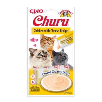 INABA CIAO Churu Piure, Pui cu Brânză, recompense lichide fără cereale pisici, topping cremos, 14g x 4