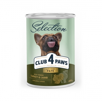 CLUB 4 PAWS Premium , Curcan și Miel, conservă hrană umedă câini, (pate), 400g (pate)