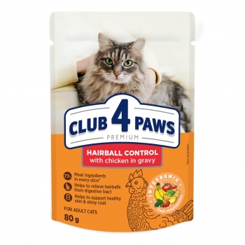 CLUB 4 PAWS Premium Hairball Control, Pui, plic hrană umedă pisici, limitarea ghemurilor de blană, (în sos), 80g (în imagine 2022