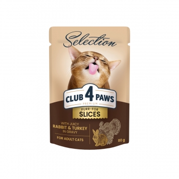 CLUB 4 PAWS Premium Plus Selection, Iepure și Curcan, plic hrană umedă pisici, (în sos), 80g