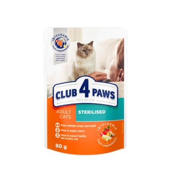 CLUB 4 PAWS Premium Sterilised, Pui, bax plic hrană umedă pisici sterilizate, 80g x 24 bucati (bucăti