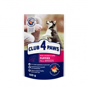 CLUB 4 PAWS Premium Junior, XS-XL, Pui, plic hrană umedă câini junior, (în aspic), 100g