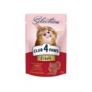 CLUB 4 PAWS Premium Selection Stripsuri, Curcan și Morcov, plic hrană umedă pisici, (în supă), 85g (în imagine 2022