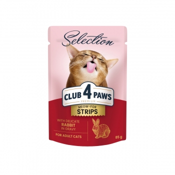 CLUB 4 PAWS Premium Selection Stripsuri, Iepure, plic hrană umedă pisici, (în sos), 85g (în imagine 2022