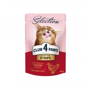 CLUB 4 PAWS Premium Selection Stripsuri, Pui, plic hrană umedă pisici, (în sos), 85g (în imagine 2022