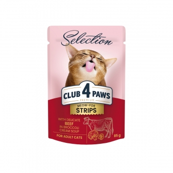 CLUB 4 PAWS Premium Selection Stripsuri, Vită, plic hrană umedă pisici, (în supă), 85g