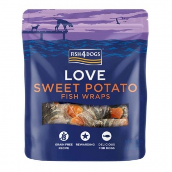 FISH4DOGS Love Snack Dog Wraps, XS-XL, Cartof Dulce și Piele de Pește, punguță recompense fără cereale câini, deshidratat, 100g 100g
