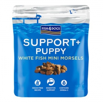Fish4dogs support+ puppy digestion, xs-xl, pește alb, punguță recompense funcționale fără cereale câini junior, sistem digestiv, 150g