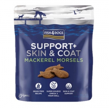 Fish4dogs support+ skin&coat, xs-xl, macrou, punguță recompense funcționale fără cereale câini, piele & blană, 225g
