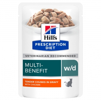 HILL’S Prescription Diet w/d Multi-Benefit, Pui, dietă veterinară, plic hrană umedă pisici, obezitate & diabet, bax, 85g x 12buc (plic) imagine 2022