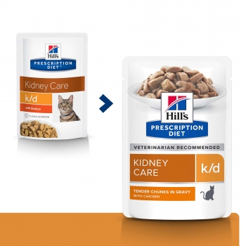 HILL’S Prescription Diet k/d Kidney Care, Pui, dietă veterinară pisici, plic hrană umedă, sistem renal, (în sos), 85g x 12buc (plic) imagine 2022