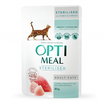 OPTIMEAL Sterilised, Pui și Curcan, plic hrană umedă pisici sterilizate, (în sos), 85g