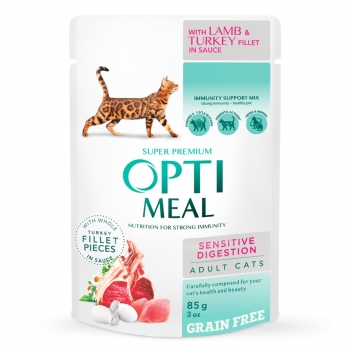 OPTIMEAL Sensitive, Miel și Curcan, hrană umedă fără cereale pisici, sistem digestiv, (în sos), 85g