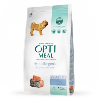 OPTIMEAL Hypoallergenic, M, Somon, hrană uscată câini, sistem digestiv, piele & blană, 12kg 12kg imagine 2022