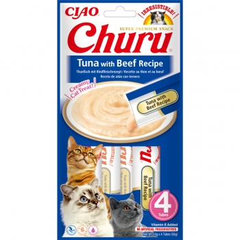 INABA Churu, Ton și Vită, punguță, tub recompense fără cereale pisici, (topping), 56g