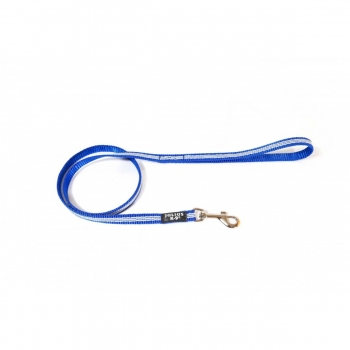 JULIUS-K9 IDC Tubular webbing, lesă cu fire flourescente cu mâner câini, nylon, bandă, 14mm x 1.8 m , albastru