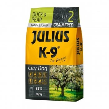 JULIUS-K9 City Dog Puppy & Junior, Rață cu Pară, hrană uscată fără cereale câini junior, 10kg JULIUS-K9 imagine 2022
