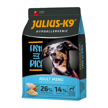 Julius-k9 hypoallergenic adult, pește cu orez, hrană uscată câini, sensibilități digestive, piele și blană, 12kg