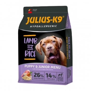 JULIUS-K9 Hypoallergenic Puppy & Junior, Miel cu Orez, hrană uscată câini junior, sensibilități digestive, piele și blană, 12kg 12kg imagine 2022