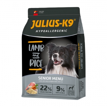 Julius-k9 hypoallergenic senior, miel cu orez, hrană uscată câini senior, sensibilități digestive, piele și blană, 12kg