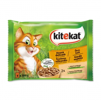 KITEKAT Hrana Delicată, Miel și Iepure, pachet mixt, plic hrană umedă pisici, (în sos), 100g x 4 Kitekat imagine 2022