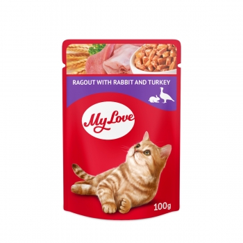 MY LOVE, Iepure și Curcan, plic hrană umedă pisici, (în sos), 100g