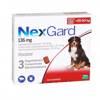 NEXGARD, comprimate masticabile antiparazitare, câini 25-50kg, 3 comprimate Nexgard imagine 2022