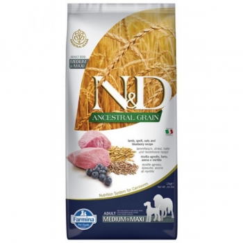 N&D Ancestral Grain Adult Medium/Maxi, M-XL, Miel și afine, hrană uscată conținut redus cereale câini, 12kg 12kg imagine 2022
