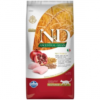 N&D Ancestral Grain Adult Sterilizat, Pui Rodie, hrană uscată conținut redus cereale pisici, 10kg 10kg imagine 2022