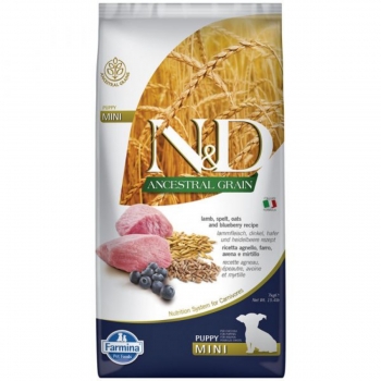 N&D Ancestral Grain Puppy Mini, XS-S, Miel și afine, hrană uscată conținut redus cereale câini junior, 7kg 7kg imagine 2022