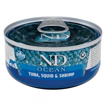 N&D Ocean, Ton și Calamar, conservă hrană umedă fără cereale pisici, (în sos), 70g