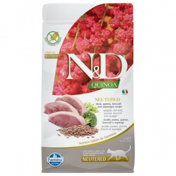 N&D Quinoa Adult Sterilizat, Rață și Broccoli, hrană uscată fără cereale pisici, 1.5kg 1.5kg imagine 2022