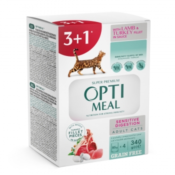 Optimeal sensitive, miel și curcan, plic hrană umedă fără cereale pisici, sistem digestiv, (în sos), bax, 85g x 4buc