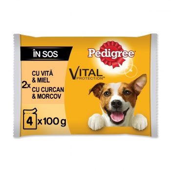 PEDIGREE Vital Protection Adult Multipack, 2 arome (Vita, Pasare), pachet mixt, plic hrană umedă câini, (în sos), 100g x 4
