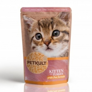 PETKULT Kitten, Curcan, plic hrană umedă fără cereale pisici junior, 100g 100g imagine 2022