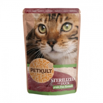 PETKULT Sterilised, Rată, plic hrană umedă fără cereale pisici, 100g (plic) imagine 2022
