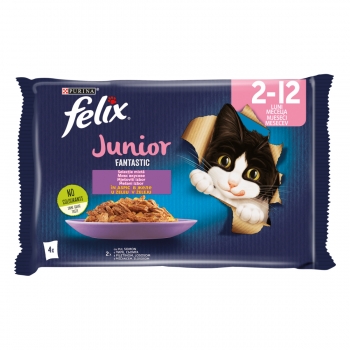 PURINA Felix Fantastic Junior, Pui, pachet mixt, plic hrană umedă pisici junior, (în aspic), 85g x 4 Felix imagine 2022