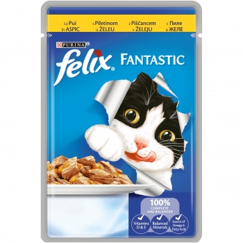 PURINA Felix Fantastic, Pui, plic hrană umedă pisici, (în aspic), 100g