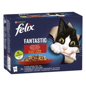 PURINA Felix Fantastic, 4 arome (Pui, Vita, Iepure, Miel), pachet mixt, plic hrană umedă pisici, (în aspic), 85g x 12 (în imagine 2022