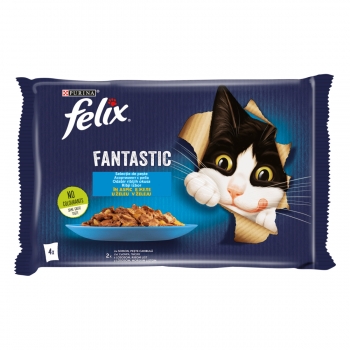 PURINA Felix Fantastic, 2 arome (Somon și Peste Cambula), pachet mixt, plic hrană umedă pisici, (în aspic), 85g x 4 (în imagine 2022