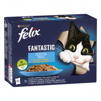 PURINA Felix Fantastic, 4 arome (Ton, Somon, Cod, Peste Cambula), pachet mixt, plic hrană umedă pisici, (în aspic), 85g x 12 Felix imagine 2022