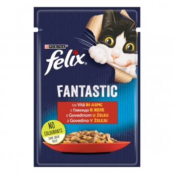 PURINA Felix Fantastic, Vită, plic hrană umedă pisici, (în aspic), 85g (în imagine 2022