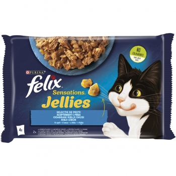 PURINA Felix Sensations, 2 arome (Somon și Pastrav), pachet mixt, plic hrană umedă pisici, (în aspic), 85g x 4 Felix imagine 2022
